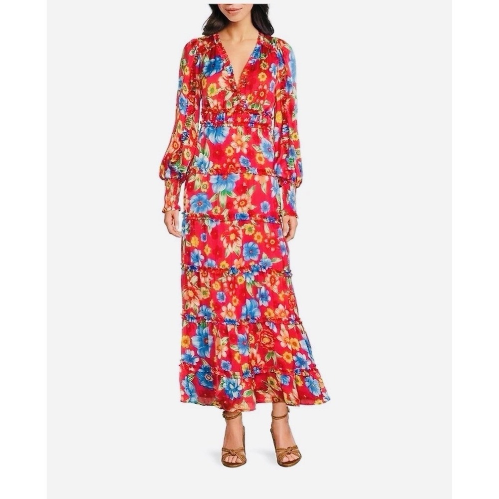 Chelsea & Violet Small Maxi Dress Red Floral Chiffon Margaux Tiered Long NWT
